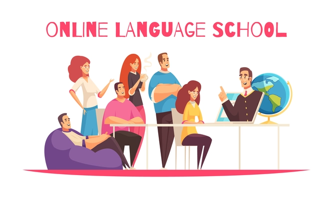 Online language school flat cartoon  horizontal composition with global community members training teacher tablet white background vector illustration