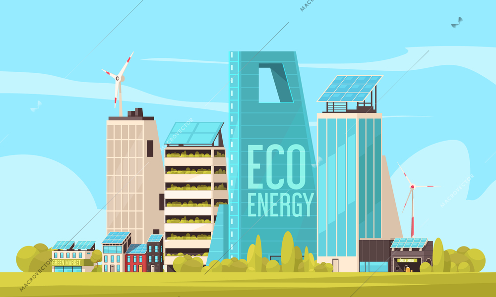 Smart city residents friendly housing compound with efficient land and green  clean eco energy use vector illustration