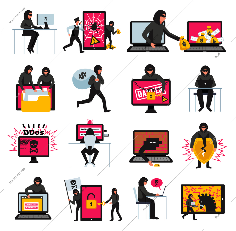 Hacker icons set with online threats and attacks symbols flat isolated vector illustration