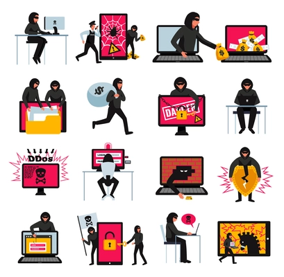 Hacker icons set with online threats and attacks symbols flat isolated vector illustration