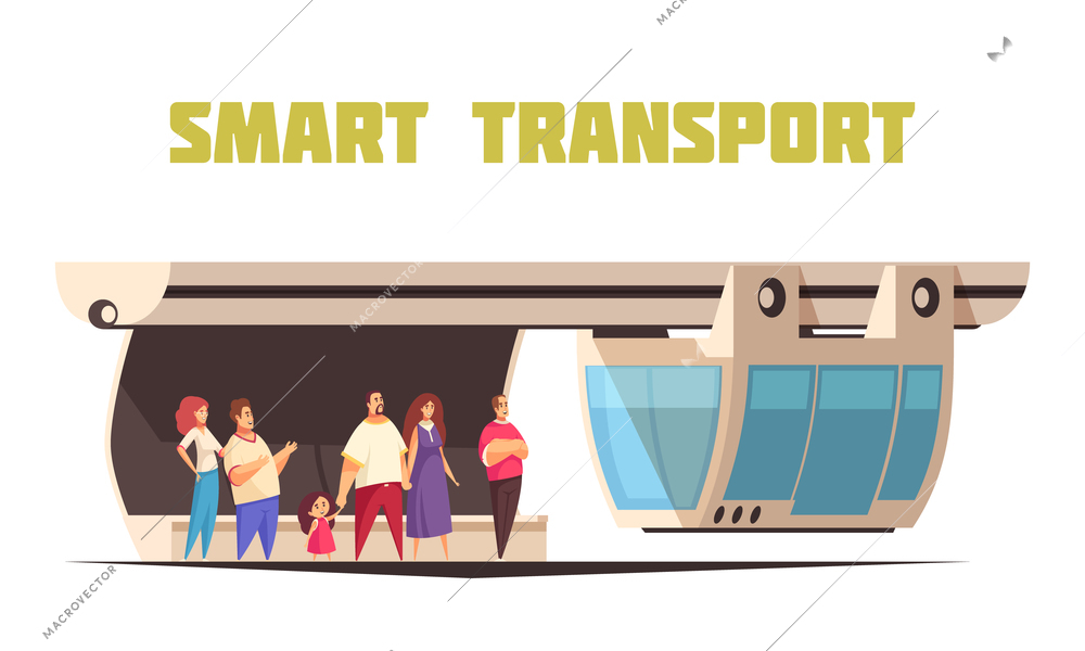 Connected transport in smart city flat cartoon composition with people waiting for hanging monorail car vector illustration