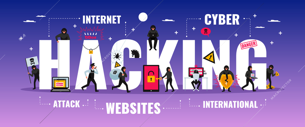 Hacker typography banner with cyber attack symbols flat  vector illustration