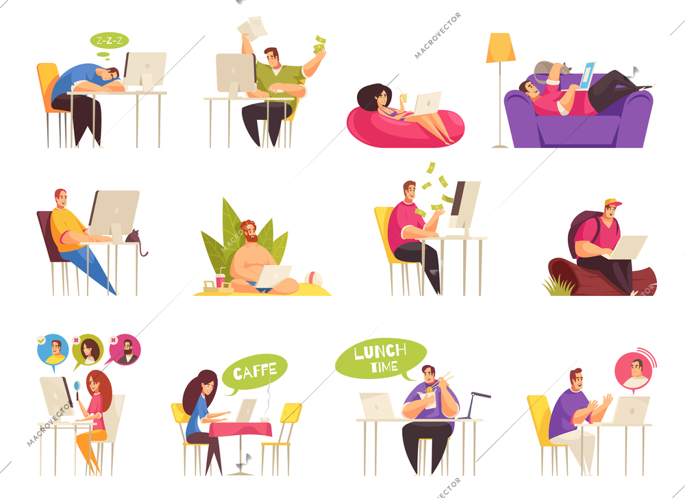 Freelancer at work flexible remote home traveling relaxing on beach icons big set flat cartoon vector illustration