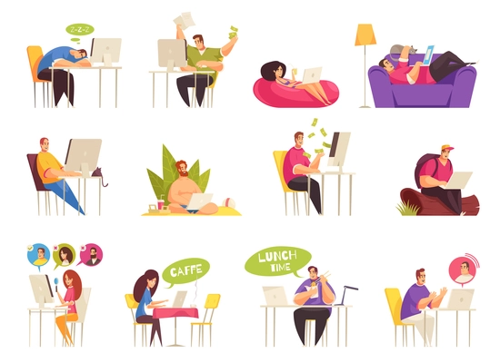 Freelancer at work flexible remote home traveling relaxing on beach icons big set flat cartoon vector illustration