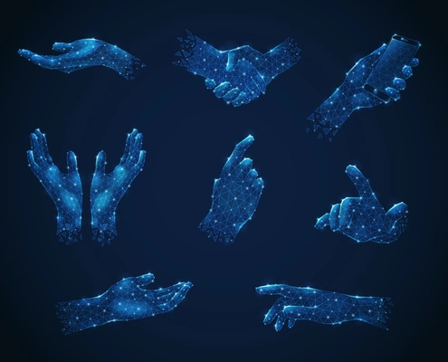 Set of hand gestures in blue polygonal wireframe style luminescent on dark background isolated vector illustration