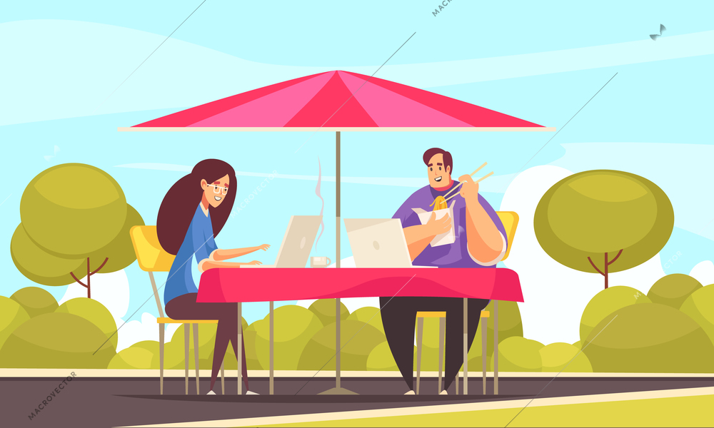 Remote flexible employment advantages flat comic composition with couple freelancers working outdoor on cafe terrace vector illustration