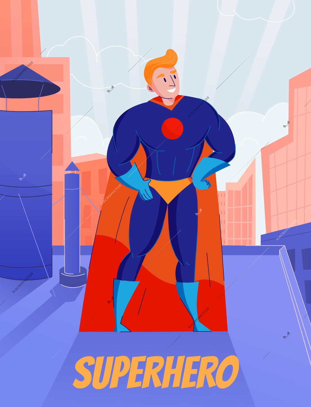 Superhero retro comic book character standing on roof in blue full bodysuit and orange cape vector illustration