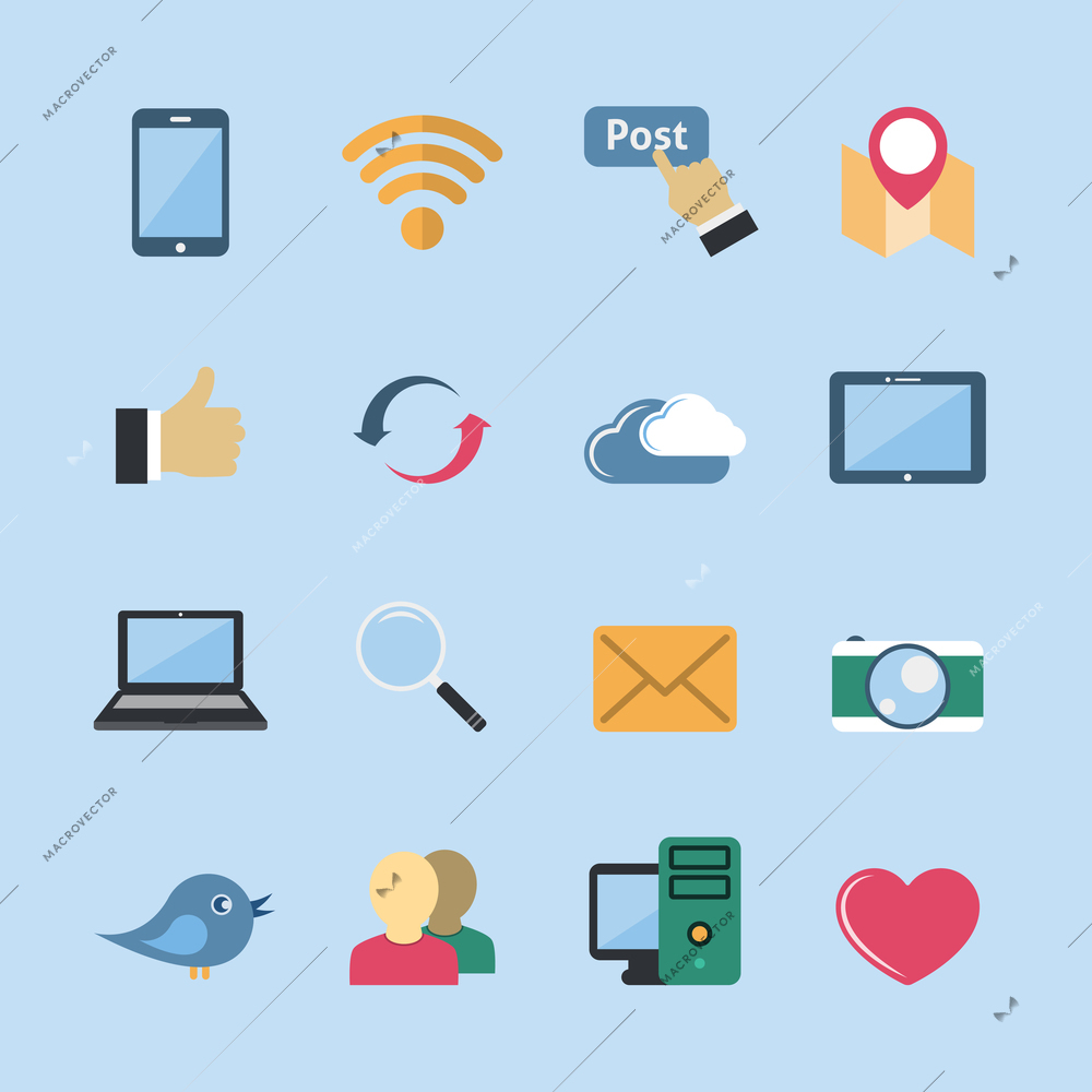 Decorative social media mobile global network symbols pictograms set with computer cloud tablet flat  isolated vector illustration