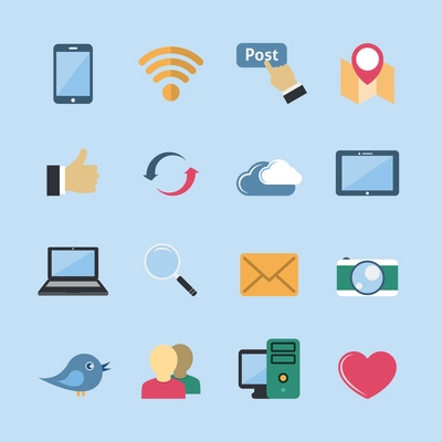 Decorative social media mobile global network symbols pictograms set with computer cloud tablet flat  isolated vector illustration