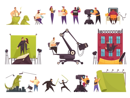 Cinema movie production flat comic set with film crew cast funny scenes constructing shooting location vector illustration