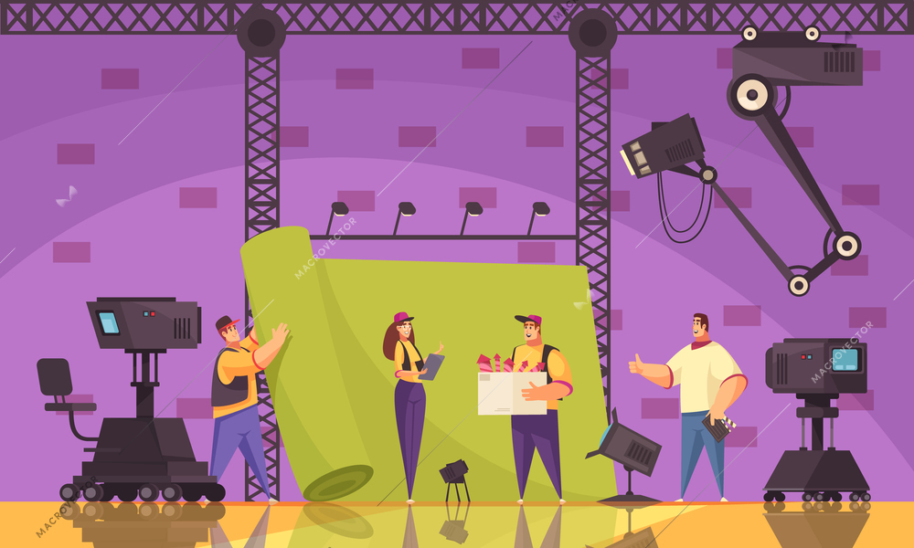 Movie cinema production process flat cartoon composition with film crew equipment on scene shooting location vector illustration