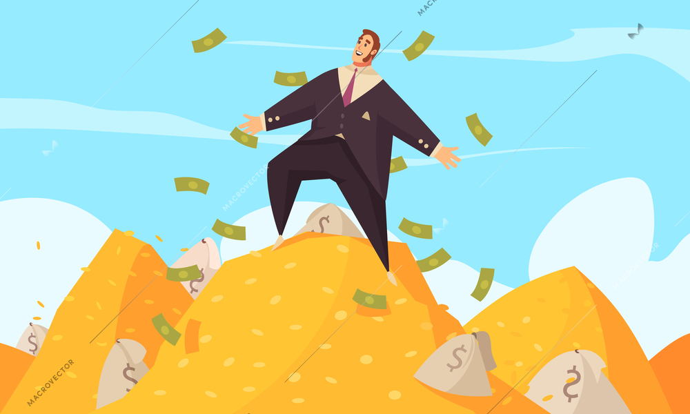 Rich man flat cartoon poster with fat businessman amidst flying dollars on gold mount top vector illustration