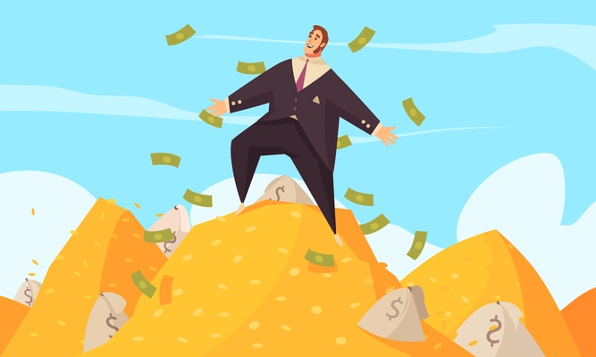 Rich man flat cartoon poster with fat businessman amidst flying dollars on gold mount top vector illustration