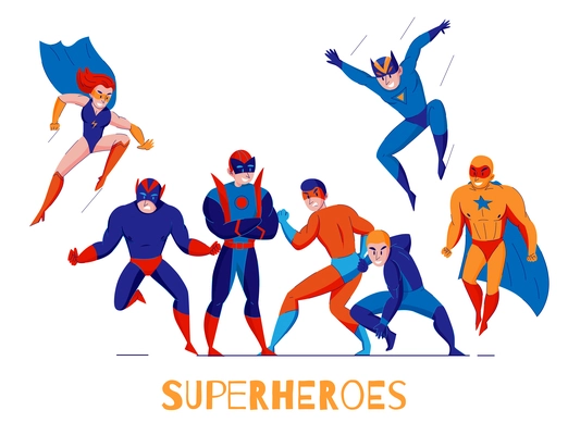 Comic books video computer games superheroes flat composition poster with super man and wonder woman vector illustration