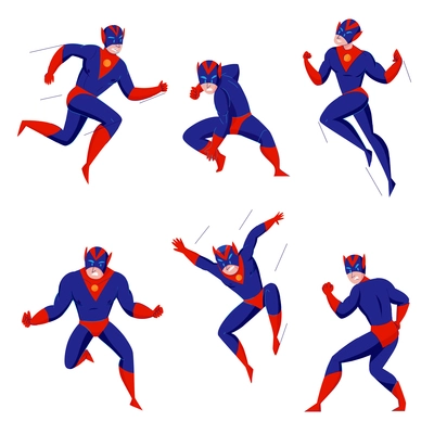 Superhero powerful super beast comics games blue bodysuit character in 6 action poses fighting flying jumping vector illustration