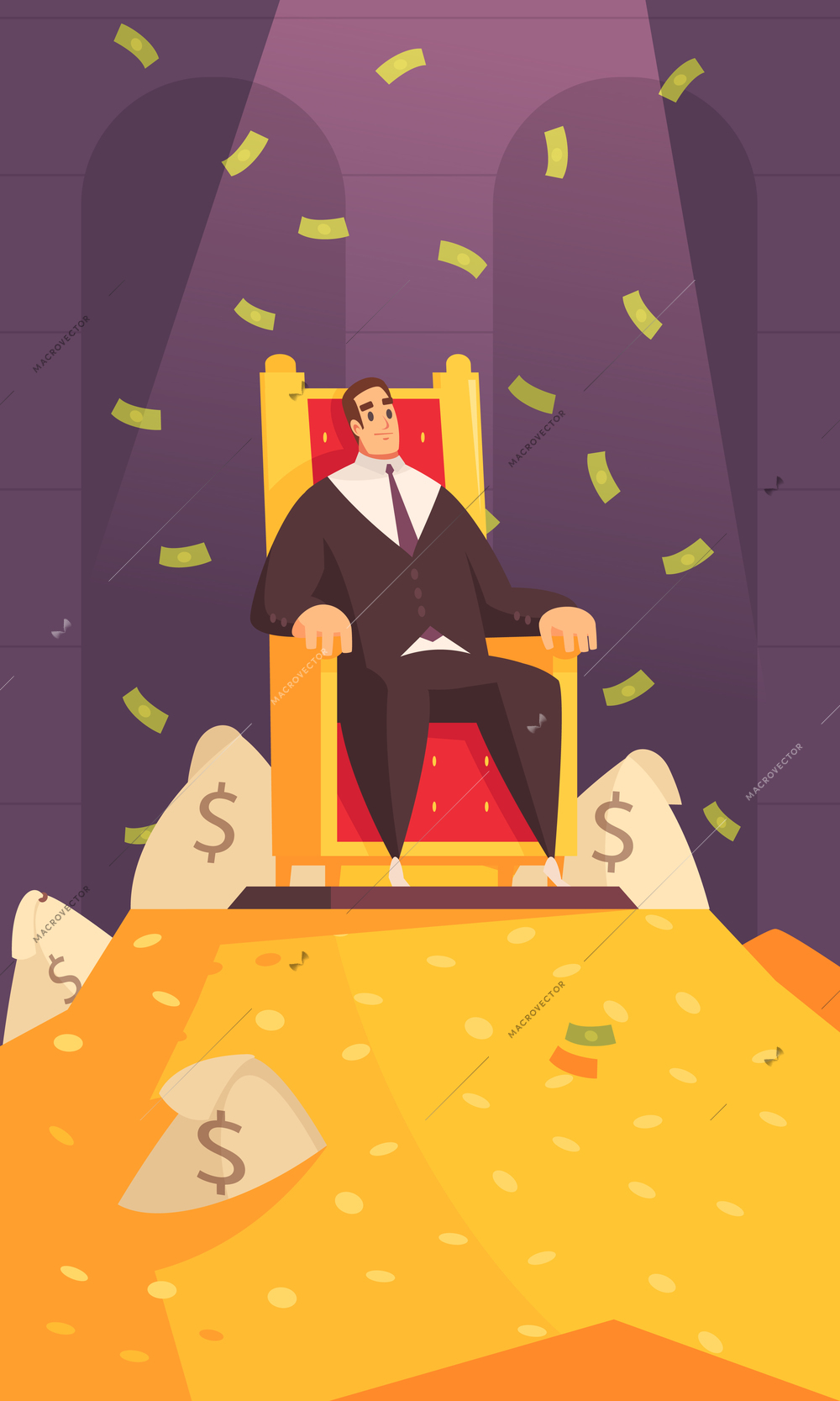 Rich man wealth symbol cartoon composition with millionaire on throne atop gold mount bathing in money vector illustration