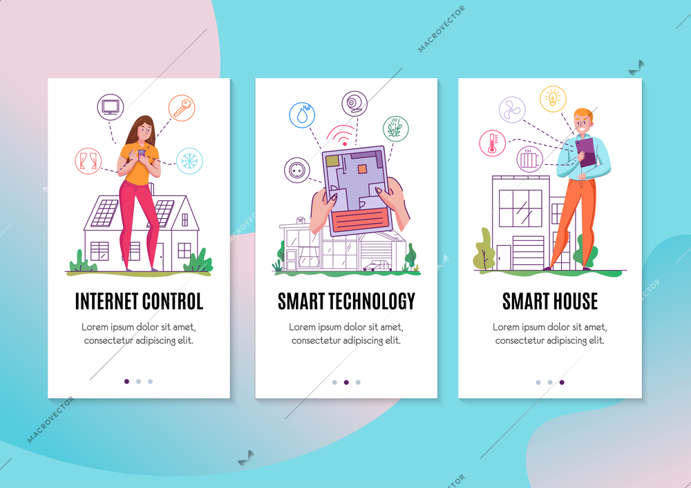 Smart house technology 3 flat vertical banners set with internet of things smartphone tablet controlling vector illustration