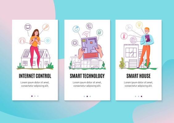 Smart house technology 3 flat vertical banners set with internet of things smartphone tablet controlling vector illustration