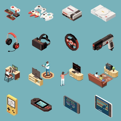 Set of sixteen isolated gaming gamers isometric icons with vintage consoles game accessories and modern gadgets vector illustration