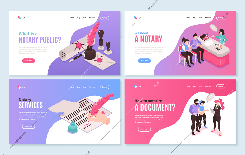 Isometric notary services horizontal banners collection with clickable links buttons and images of people and documents vector illustration