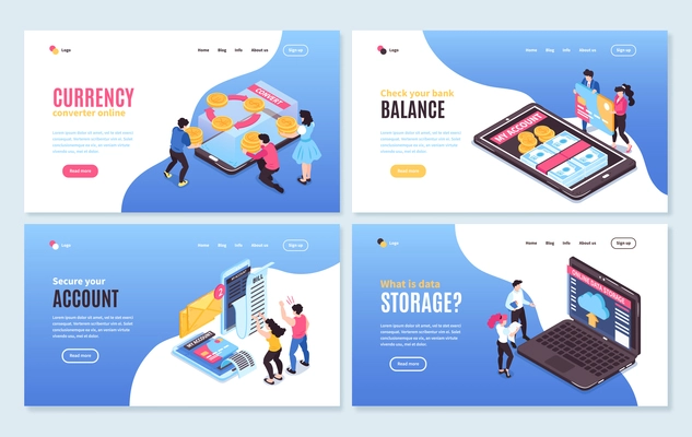 Isometric online mobile banking horizontal banners set with conceptual images of people smartphones and editable text vector illustration