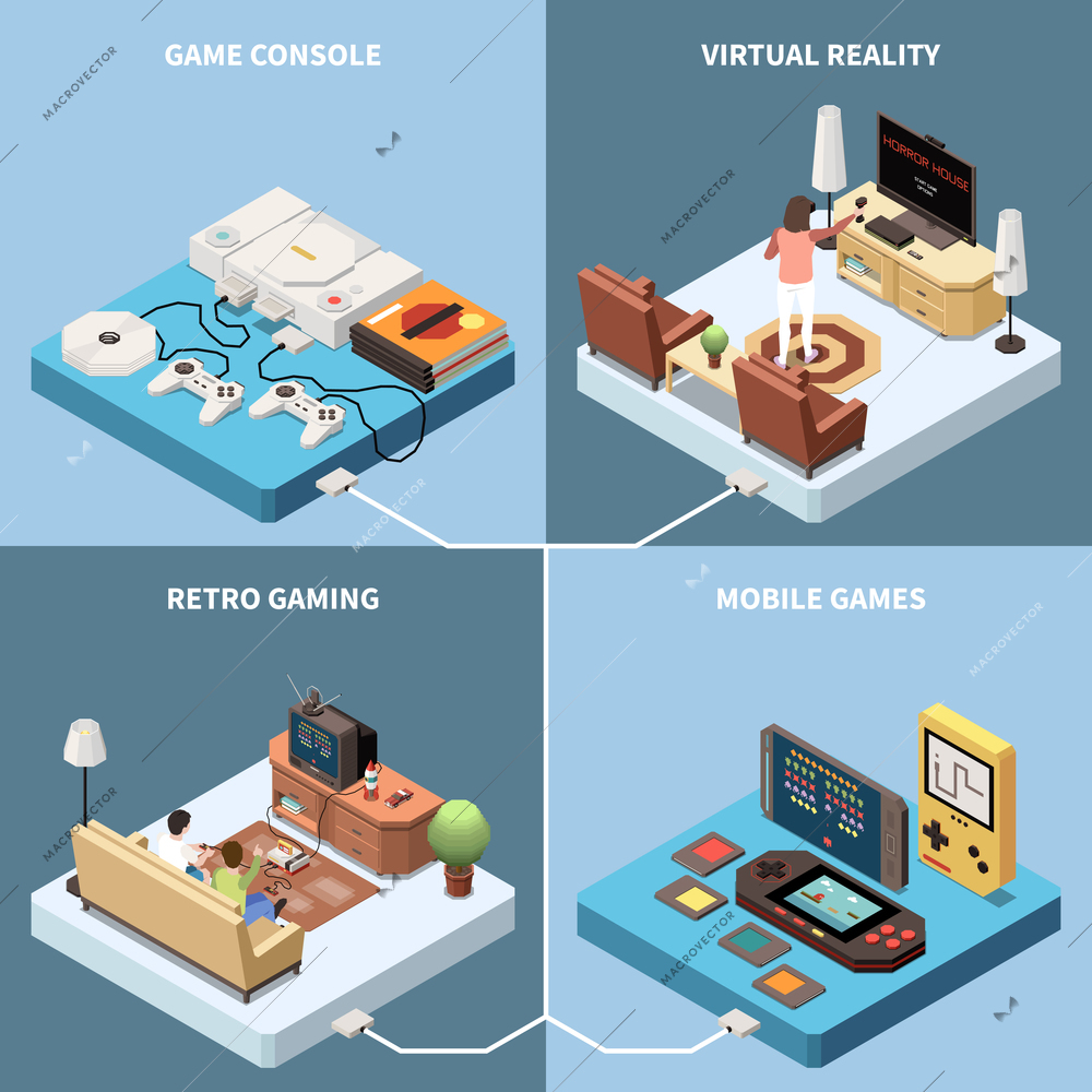 Gaming gamers isometric 2x2 design concept with images of game consoles and living rooms with people vector illustration