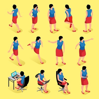 Women poses isometric set of female characters in different position of figure sitting staying going vector illustration