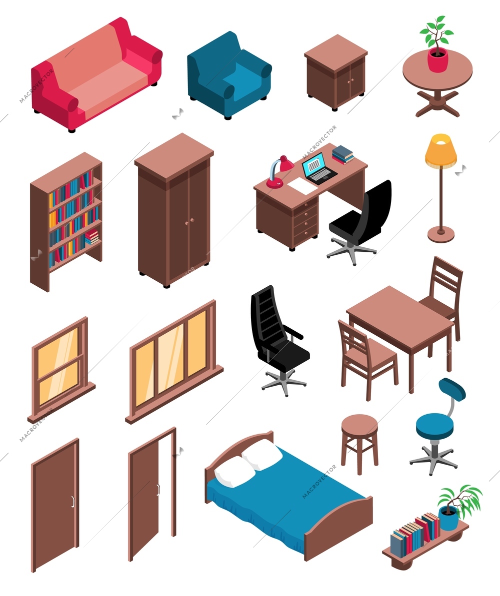 Private interior items isometric icons set with sofa table dresser chair desk floor lamp vector illustration