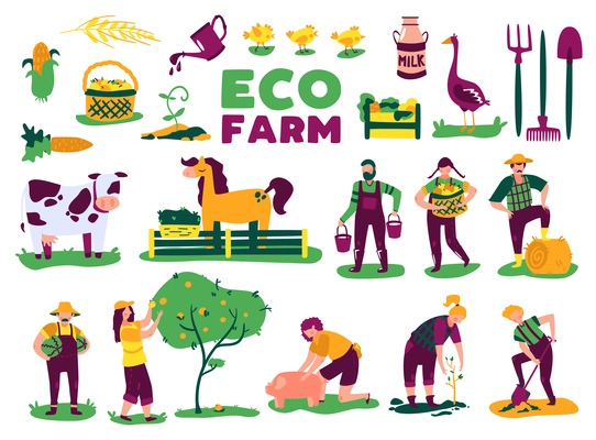 Eco farming harvest set with isolated images of farm animals plants and doodle characters of people vector illustration