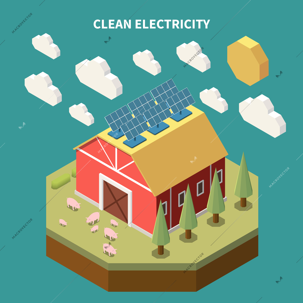 Electricity isometric composition with view of farm barn building with solar battery panels installed on roof vector illustration