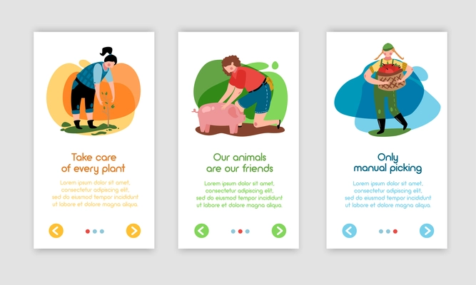 Eco farming vertical banners collection with text buttons and people characters gathering harvest tending for animals vector illustration