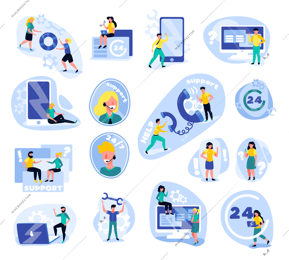 Support call centre set of isolated icons with doodle human characters gadgets icons and gear pictograms vector illustration