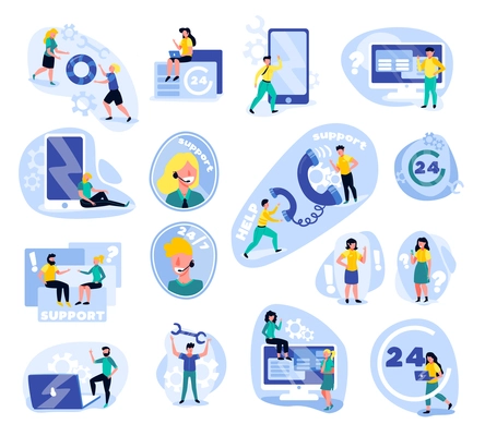 Support call centre set of isolated icons with doodle human characters gadgets icons and gear pictograms vector illustration