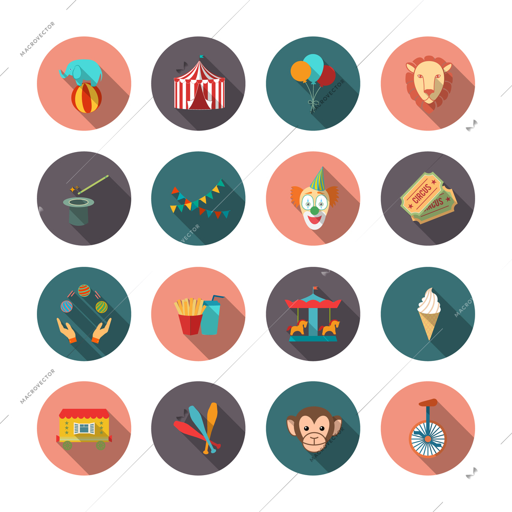 Set of circus monkey lion clown flat isolated icons with long shadows on circles vector illustration