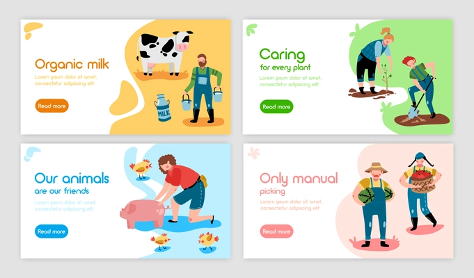 Set of four eco farming horizontal banners with doodle images characters and editable text with buttons vector illustration