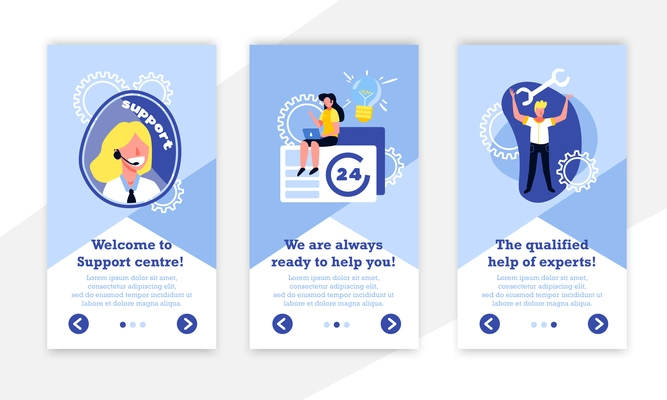 Support call centre vertical banners collection with gear icons human characters and editable text with buttons vector illustration