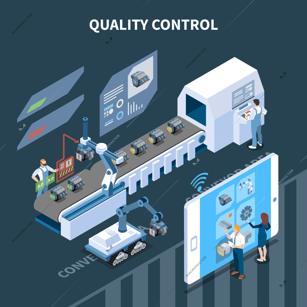 Smart industry intelligent manufacturing isometric composition with text and automatic assembly line operated remotely from tablet vector illustration