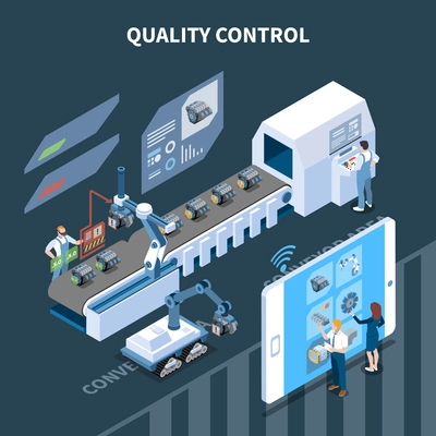 Smart industry intelligent manufacturing isometric composition with text and automatic assembly line operated remotely from tablet vector illustration