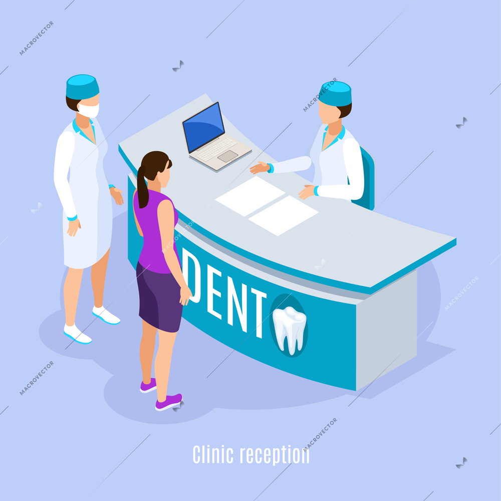 Dental clinic reception area isometric composition with patient and assistant making appointment light blue background vector illustration