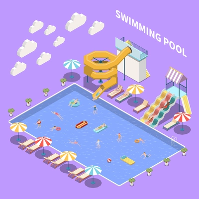 Water park aquapark isometric composition with view of open pool with umbrellas sun loungers and waterslides vector illustration