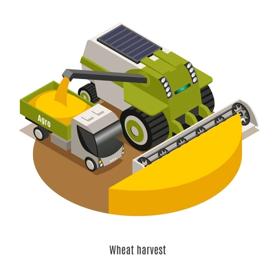 Wheat harvesting machinery with automated  agricultural robotic combine thresher  isometric round composition against white background vector illustration