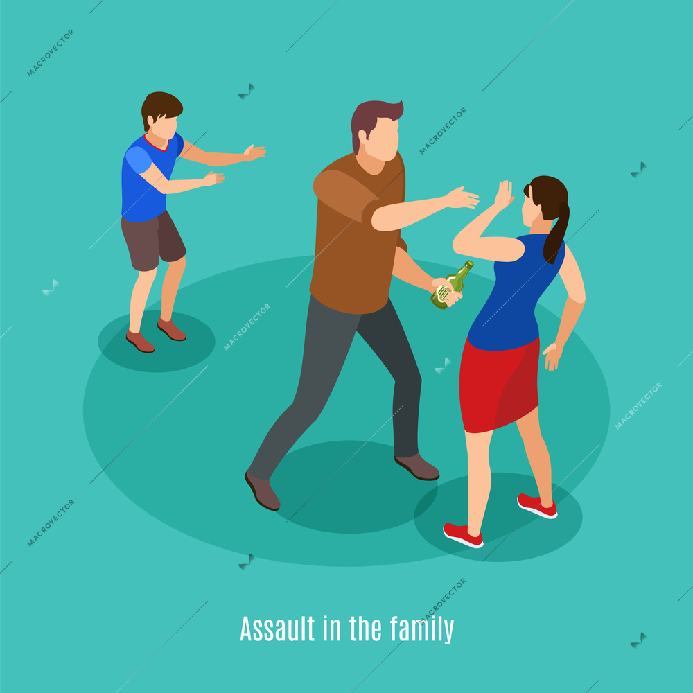 Alcoholism family violence in front of kids isometric background composition with drunk man fighting with spouse vector illustration