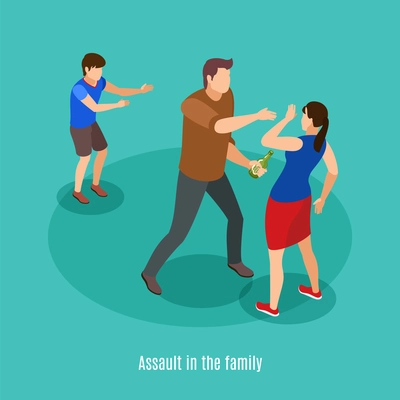 Alcoholism family violence in front of kids isometric background composition with drunk man fighting with spouse vector illustration