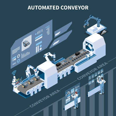 Smart industry intelligent manufacturing isometric composition with automated assembly line modern arm manipulators and holographic screens vector illustration