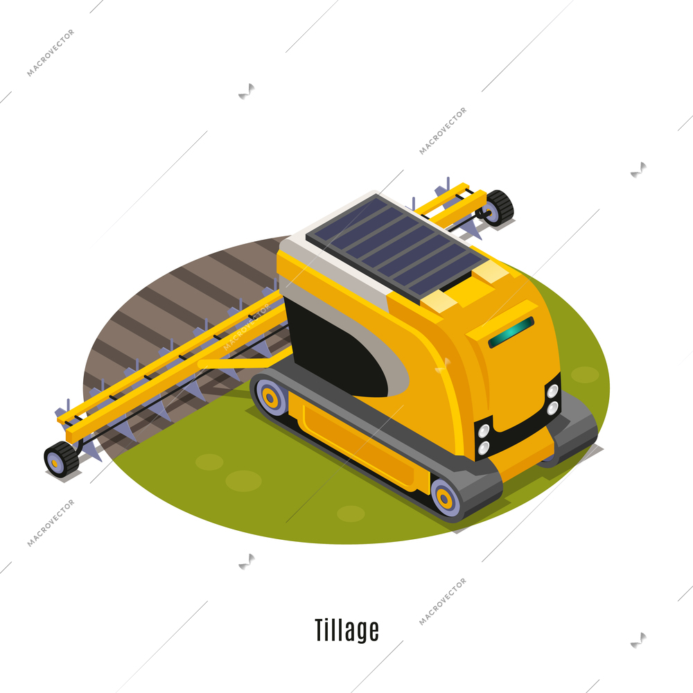 Agricultural robots isometric round composition with fully automated tillage plow land cultivating machinery white background vector illustration