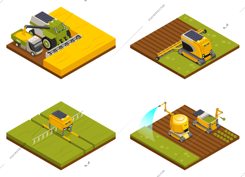 Agricultural robots concept 4 isometric compositions with hoeing plowing planting  watering fertilizing and harvesting machinery vector illustration