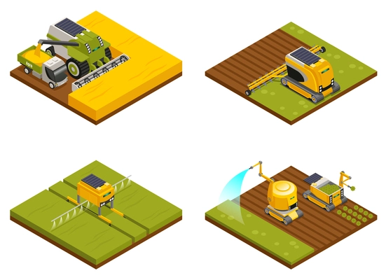 Agricultural robots concept 4 isometric compositions with hoeing plowing planting  watering fertilizing and harvesting machinery vector illustration