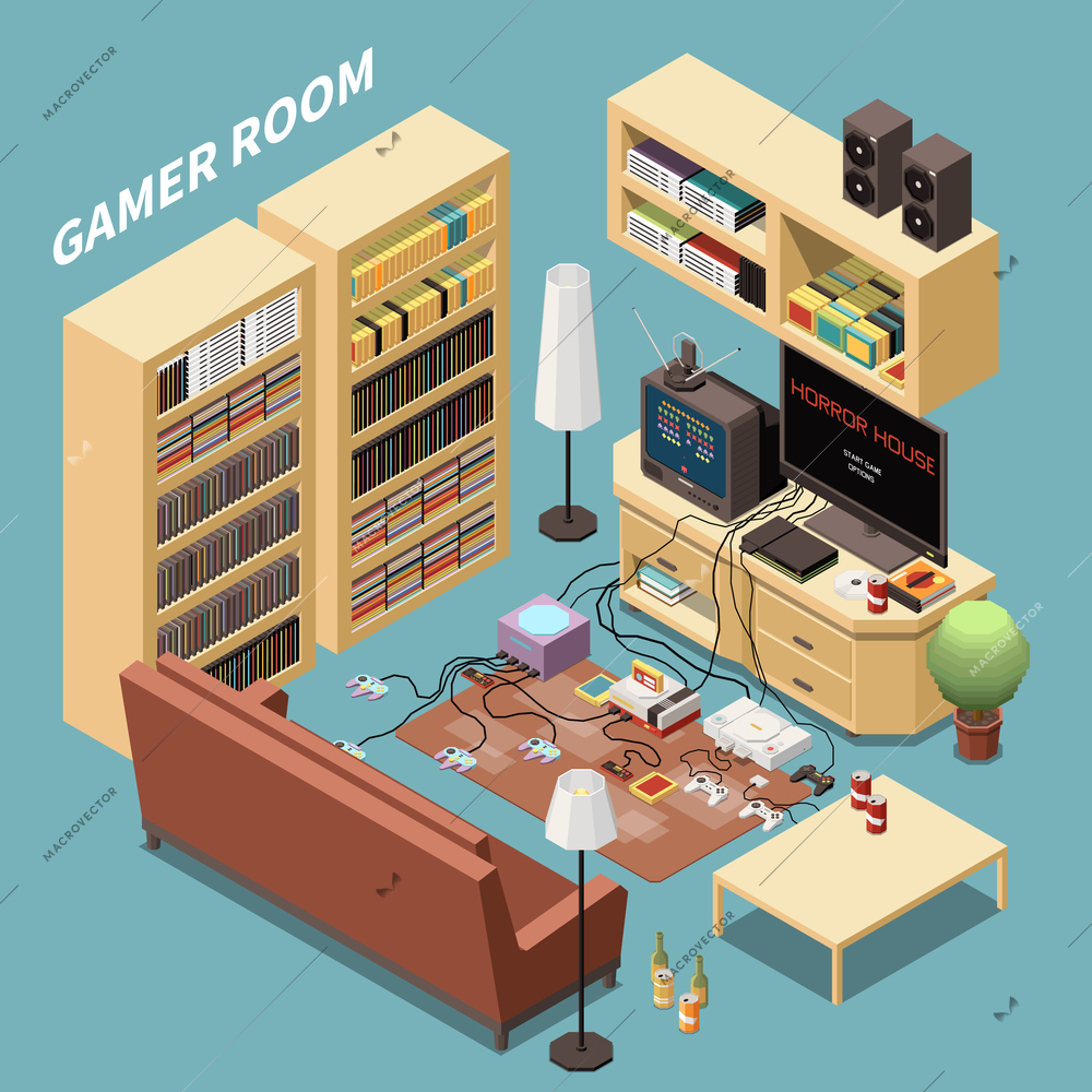 Gaming gamers isometric composition with indoor view of living room with furniture cabinet racks and consoles vector illustration