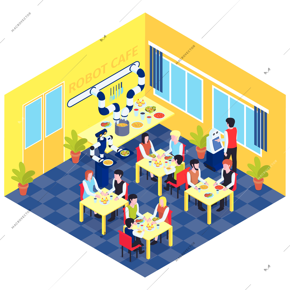 Robot automation composition with view of robotized cafe interior with people at tables served by robots vector illustration