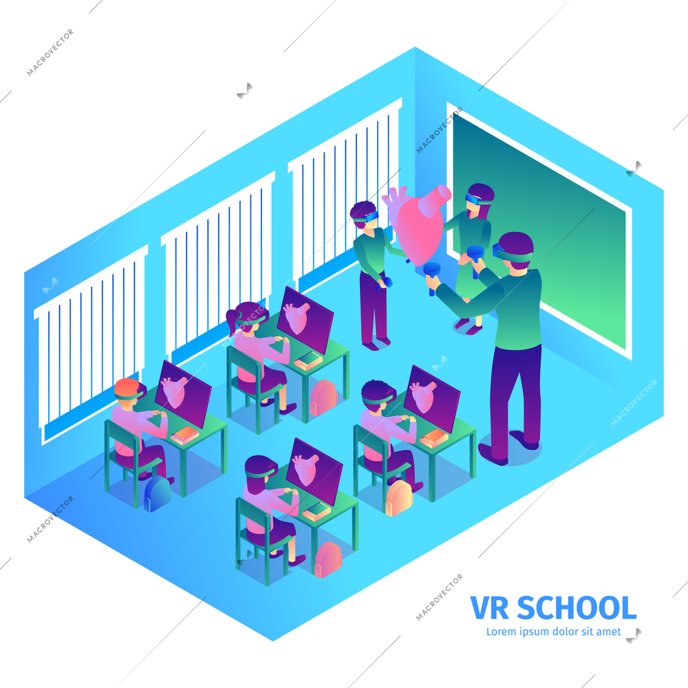 Isometric virtual reality composition with text and indoor view of futuristic classroom with teacher and kids vector illustration